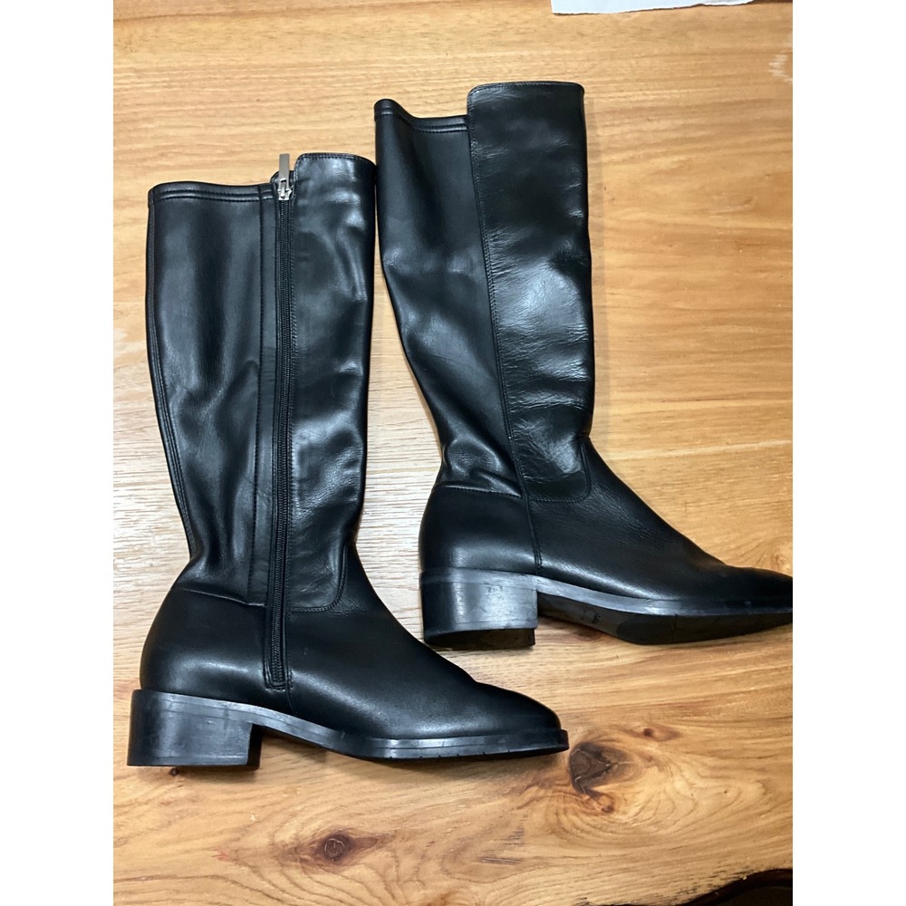 Aquatalia Black Leather Tall Knee High Boots Italy Women 7 Low Block Heel